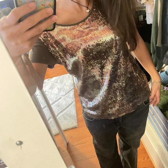Y2K 2000s DKNY Brown and gold sequin top - Picture 1 of 4